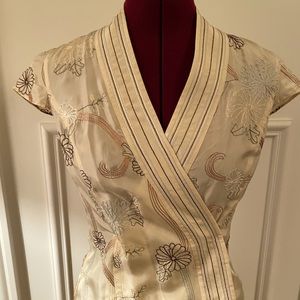 100% silk, embroidered wrap blouse, with detachable fabric belt, cap shelves